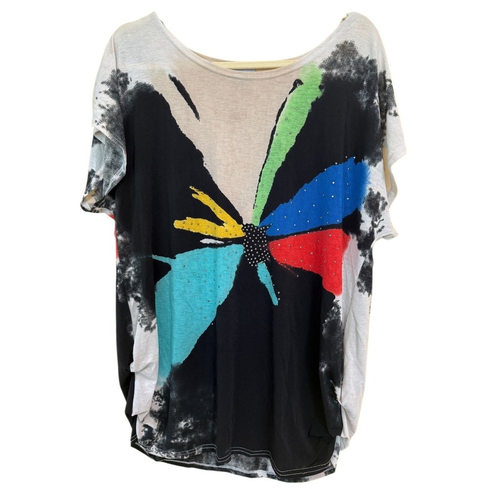 VTG Y2K Butterfly Art To Wear Lagenlook Tunic M Oversized Boxy Rainbow Concert